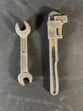 Antique Adjustable Monkey Wrench & Hy-Bar 25/32 x 7/8" Offset Open End Wrench