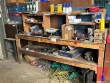8' X 2' X 5' WOODEN WORK BENCH W/ CONTENTS TO INCLUDE: BOLT BINS, CHAINS, H2S SENSORS, FRONTMAN MINI