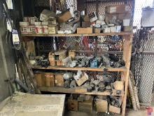 CONTENTS OF SHOP CAGE#1 W/ RUBBER GOODS, HYDRAULIC FITTINGS, CHART READER, TOOL BOXES (EMPTY), REXRO