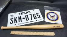 Texas License Plates, U.S. Navy Sticker & Mitel Wooden Bat