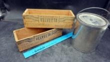 Wooden Velveeta & Boneless Salt Codfish Boxes W/ Trinkets & Toys, Paint Can