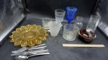 Yellow Sunflower Plate, Silverware, Goblet, Glasses, Vases, Candle Holders, Small Crock