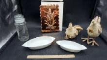 White Dishes, Chickens, Glass Container, Copper Mold