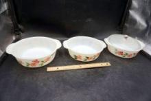 3 - Fire-King Floral Dishes W/ 1 Lid