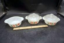 3 - Fire-King Floral Dishes W/ 2 Lids