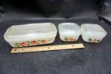 3 - Fire-King Floral Dishes W/ 3 Lids