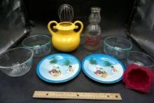 Plates, Glass Bowls, Molds, Whisk, Glass Bottle & Vase