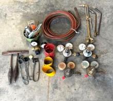 Lot of Misc. Cutting Torch Equipment - Gauges, Hose, Cutting Torch, Strikers, etc.