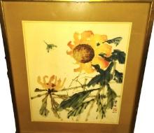 FRAMED HUI CHI MAU CHINESE SUNFLOWER & DRAGONFLY ARTWORK -  PICK UP ONLY