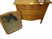 ANTIQUE OAK CHEST-0F-DRAWERS & MIRROR- PICK UP ONLY