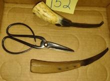 HAND FORGED IRON SNIPS & 2 HOOF KNIVES - BONE HANDLE