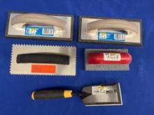 NOTCHED TROWEL, MARGIN FLOAT, MOLDED RUBBER GROUT FLOAT, HONING STONE