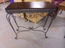 Ornate Metal Base Wooden Top Entry Way Table