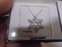 Ladies Sterling Silver & Genuine Diamond Necklace & Snowflake Pendant