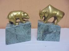 Set of Vintage Marble Base Brass Bear & Bull Bookends