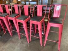 Red Metal Bar Stools with Black Seat Cushions
