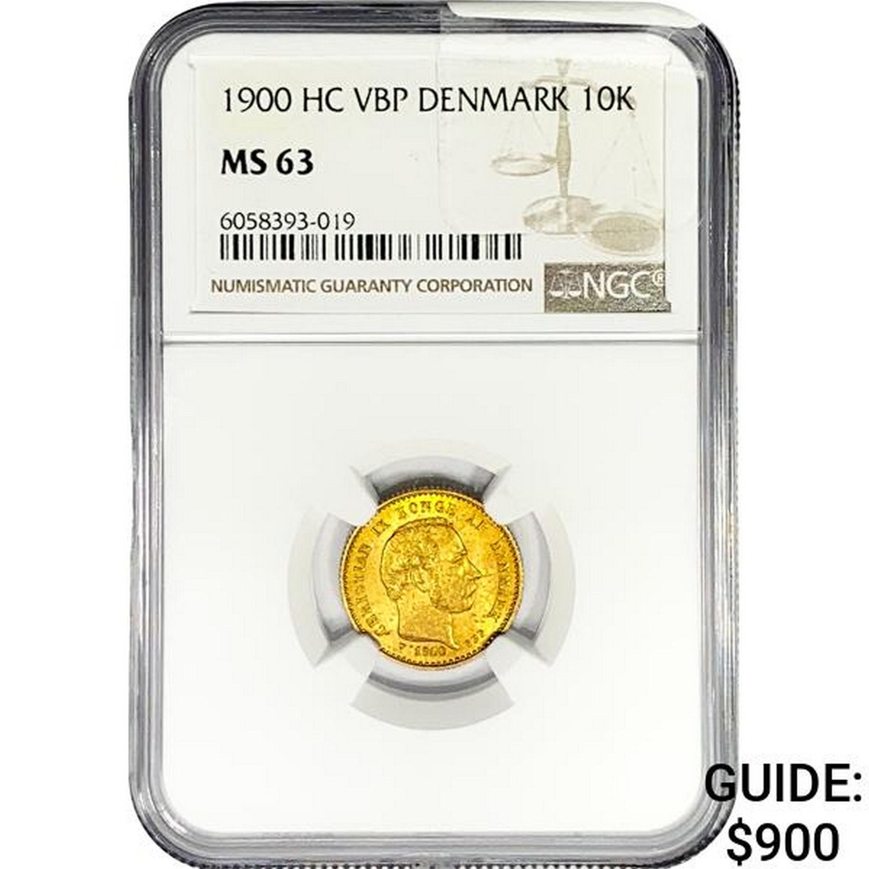 1900 .1296oz. Gold HC VBP Denmark 10 Kroner NGC MS
