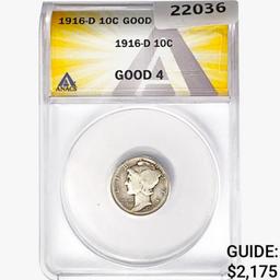 1916-D Mercury Silver Dime ANACS Good4