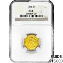 1868 $3 Gold Piece NGC MS61