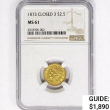 1873 $2.50 Gold Quarter Eagle NGC MS61 Closed 3
