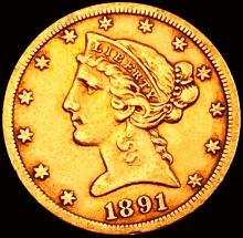 1891-CC $5 Gold Half Eagle CHOICE AU