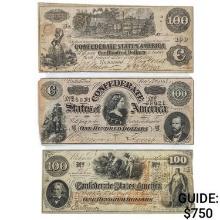 LOT OF (3) 1862-1864 $100 CSA CONFEDERATE STATES OF AMERICA CURRENCY NOTES