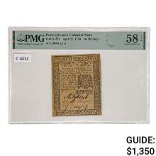 PA-207 APRIL 25, 1776 30s THIRTY SHILLINGS PENNSYLVANIA COLONIAL CURRENCY NOTE PMG ABOUT UNCIRCULATE