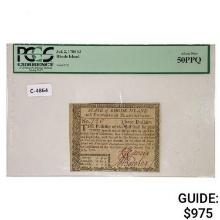 JULY 2, 1780 $3 THREE DOLLARS RHODE ISLAND COLONIAL CURRENCY NOTE PCGS ABOUT UNCIRCULATED-50PPQ
