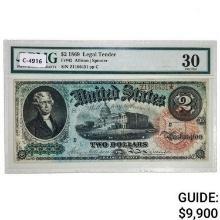 FR. 42 1869 $2 TWO DOLLARS RAINBOW LEGAL TENDER UNITED STATES NOTE PMG VERY FINE-30
