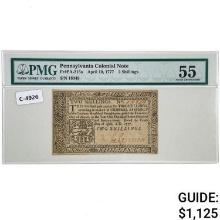 PA-215a APRIL 10, 1777 2s TWO SHILLINGS PENNSYLVANIA COLONIAL CURRENCY NOTE PMG ABOUT UNCIRCULATED-5