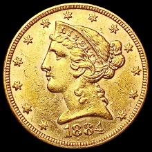 1884 $5 Gold Half Eagle CLOSELY UNCIRCULATED