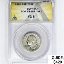 1937 Washington Silver Quarter ANACS VG8 DDO, FS-101