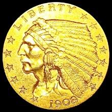 1908 $3 Gold Piece CLOSELY UNCIRCULATED