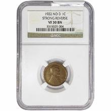 1922 No D Wheat Cent NGC VF30 BN Strong REV