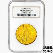 1908 $20 Gold Double Eagle NGC MS64 No Motto