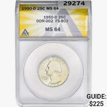 1950-D Washington Silver Quarter ANACS MS64 DDR-002 FS-802