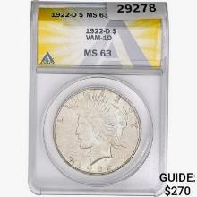 1922-D Silver Peace Dollar ANACS MS63 VAM-1D