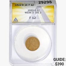 1922-D Wheat Cent ANACS F12 Weak D Die 3