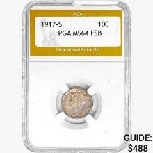 1917-S Mercury Silver Dime PGA MS64 FSB