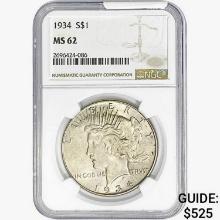 1934 Silver Peace Dollar NGC MS62