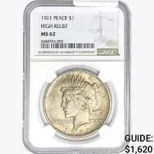 1921 Silver Peace Dollar NGC MS62 High Relief