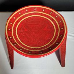 13" Cupped Top Stool with Red Black And Cream Hand Painted Designs