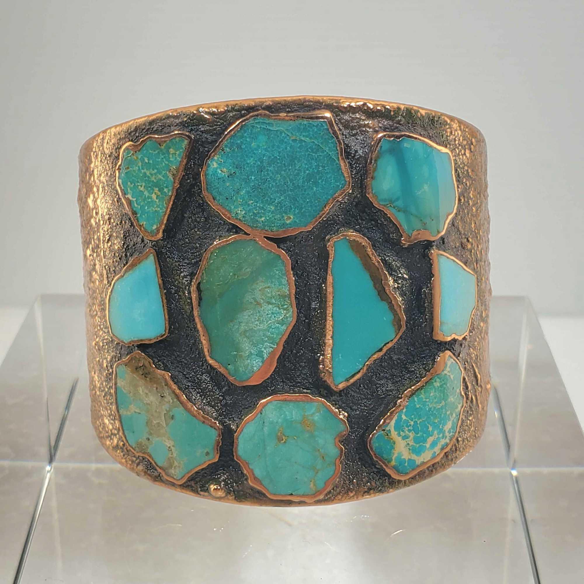 Two 1932 - 1972 Bell Trading Post Solid Copper And Turquoise Navajo Trade Bracelets