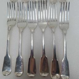 12 Sterling Silver 19th C. English Fiddleback Dinner Forks 7 3/4" Vairious Makers & Dates