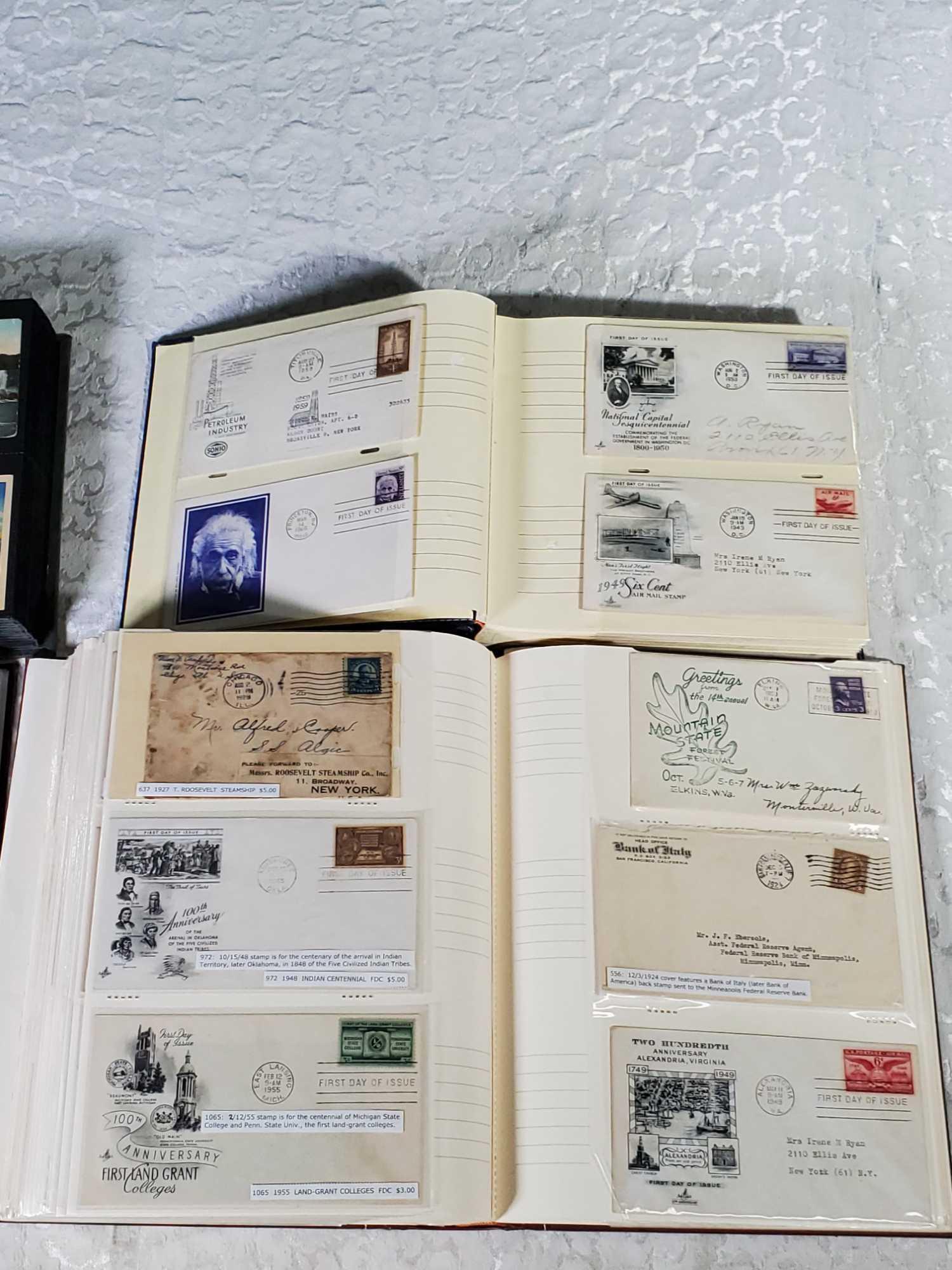 5 Albums of Vintage and Antique First Day Covers, Stamps, Postcards and Old Stock Certificates