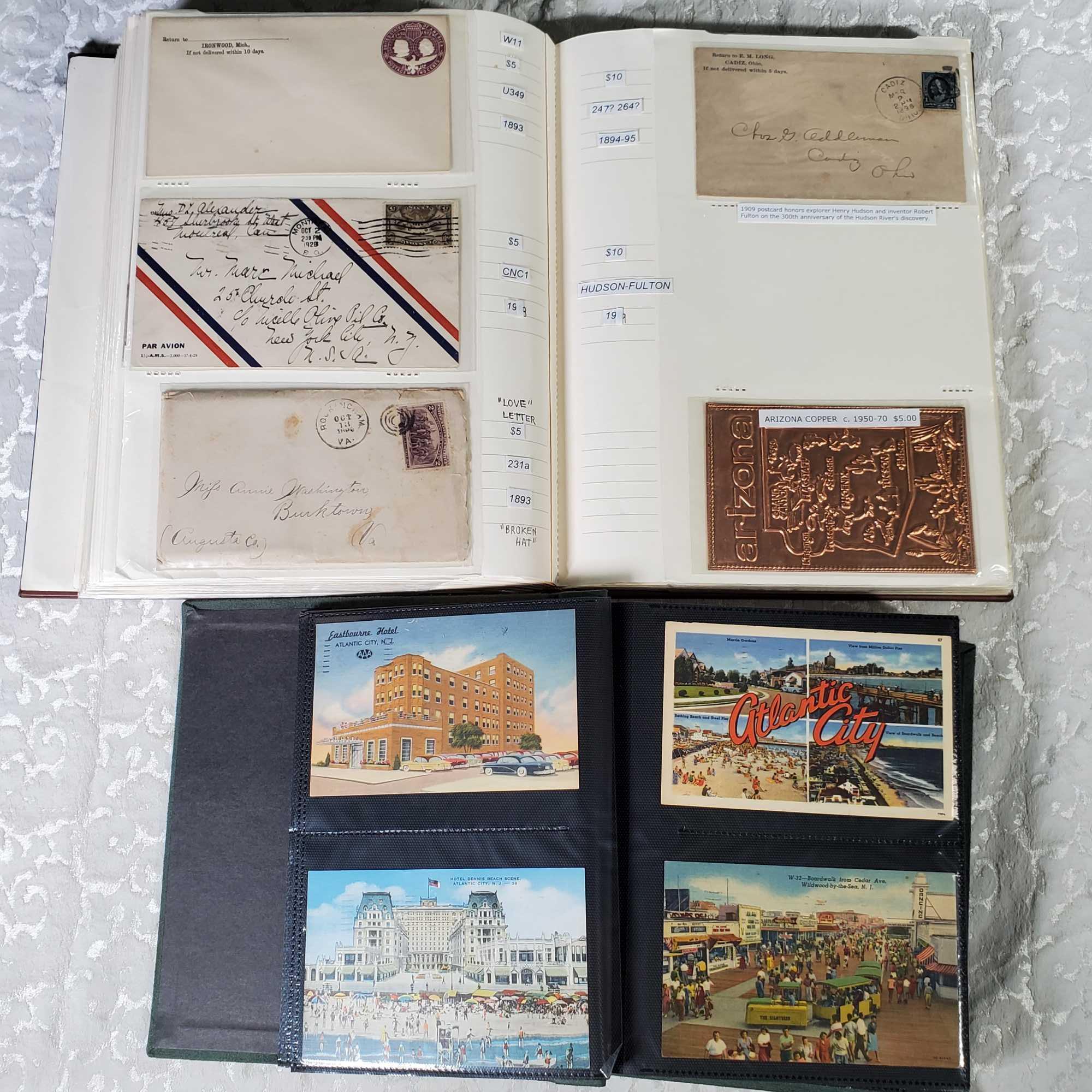 5 Albums of Vintage and Antique First Day Covers, Stamps, Postcards and Old Stock Certificates