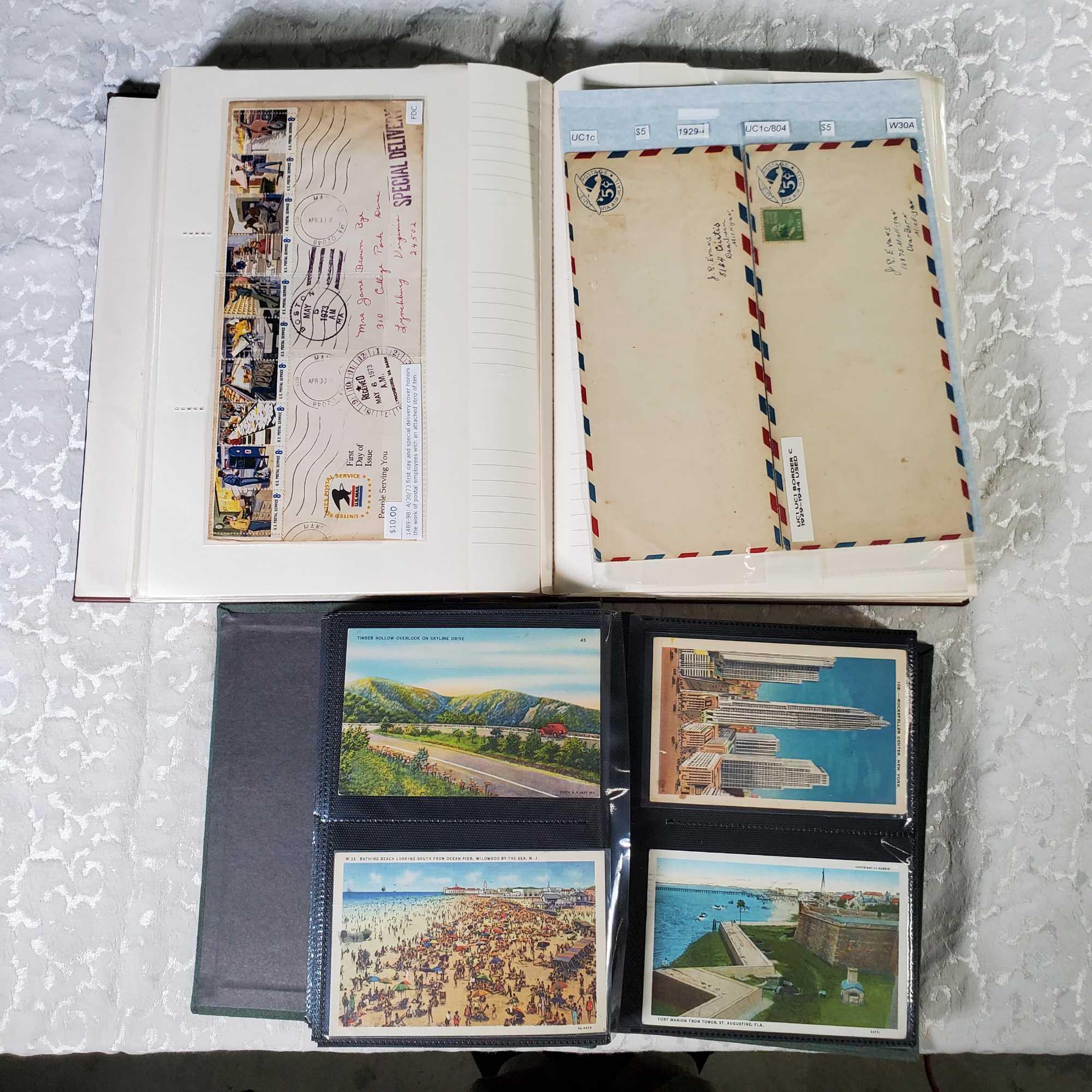 5 Albums of Vintage and Antique First Day Covers, Stamps, Postcards and Old Stock Certificates