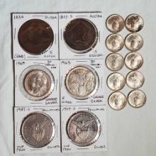 2 Antique Copper and 14 Silver World Coins