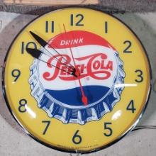 15" Round Pepsi Cola Pam Clock Co. Yellow Bottlecap Advertising Clock