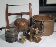 Country Antique Home Decor Items with Copper Kettle, Wood Saw